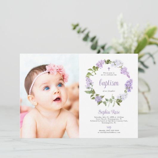 Rustieke Sering Bloemen Foto Meisje Doop Kaart (Staand voorkant)