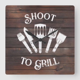 Rustieke 'Shoot To Grill' - Grappig BBQ-cadeau Vierkante Klok