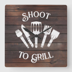 Rustieke 'Shoot To Grill' - Grappig BBQ-cadeau Vierkante Klok