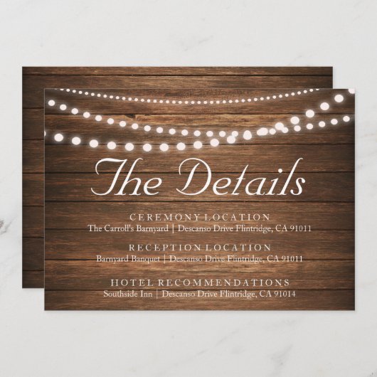 Rustieke slingerlichten trouwdetails kaart (Voorkant / Achterkant)