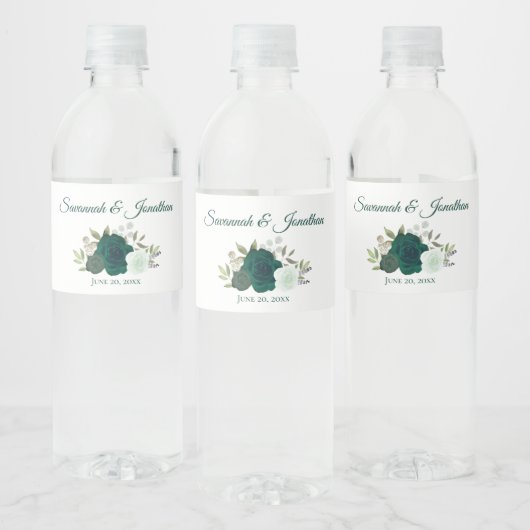 Rustieke Smaragd Groen & Sage Rozen Bruiloft Waterfles Etiket (Flessen)