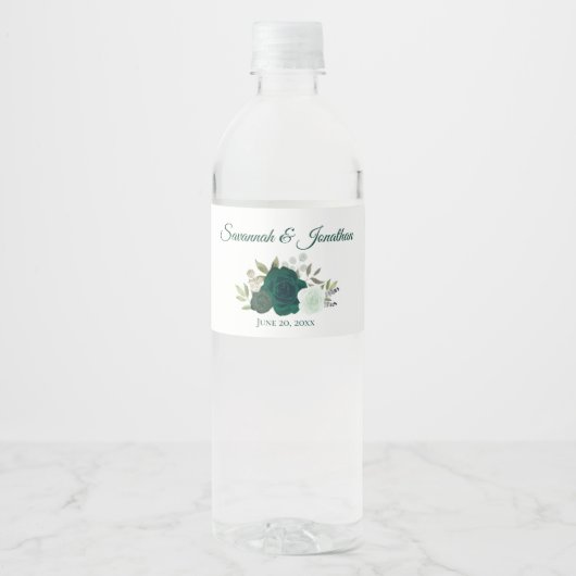 Rustieke Smaragd Groen & Sage Rozen Bruiloft Waterfles Etiket (Voorkant)