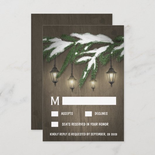 Rustieke Sneeuw Evergreen Lantern Bruiloft RSVP Ka (Voorkant / Achterkant)