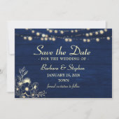 Rustieke snoerlampen marineblauw save the date (Voorkant)