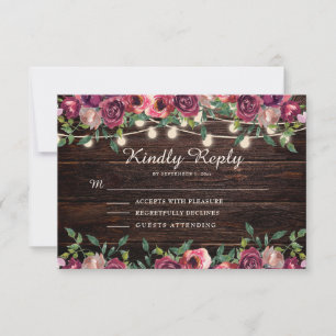 Rustieke snoerlampjes hout burgundy bloem RSVP kaartje