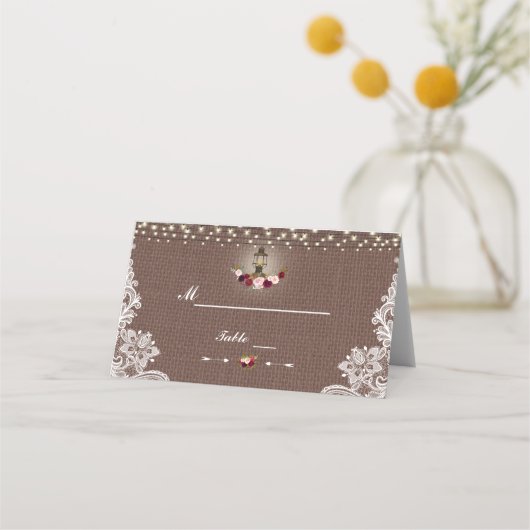 Rustieke snoerlampjes met kanten burlap tafelnumme (Achterkant)