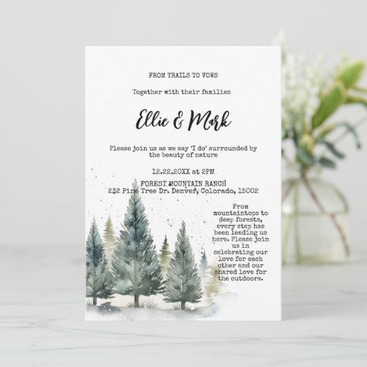 Rustieke Snowy Pine Tree Forest Outdoor Wedding Kaart (Staand voorkant)