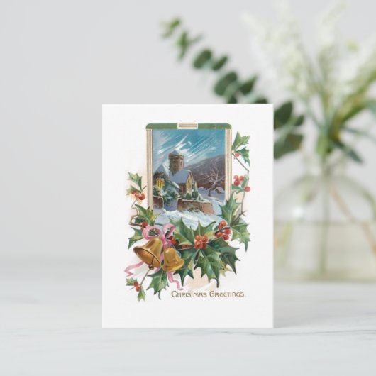 Rustieke stenen kerk in de winter met Holly Briefkaart (Staand voorkant)