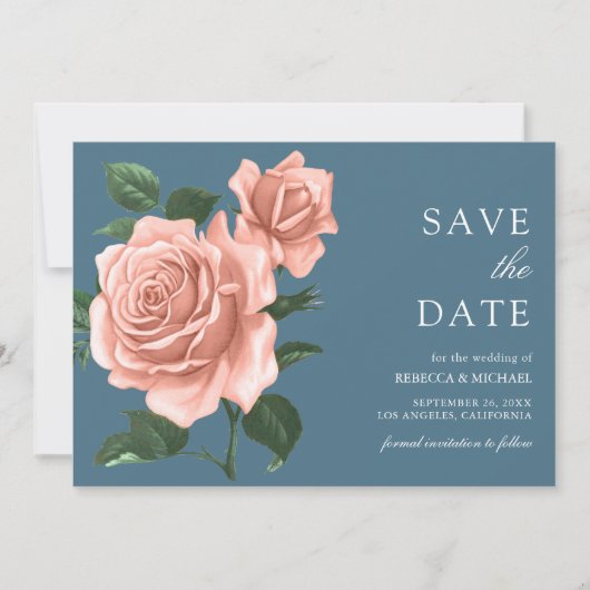 Rustieke Stof Blauw Perzik Rozen Bruiloft Save The Date (Voorkant)
