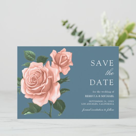 Rustieke Stof Blauw Perzik Rozen Bruiloft Save The Date (Staand voorkant)
