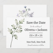 Rustieke Stof Blauw Wildbloem Save The Date (Voorkant / Achterkant)