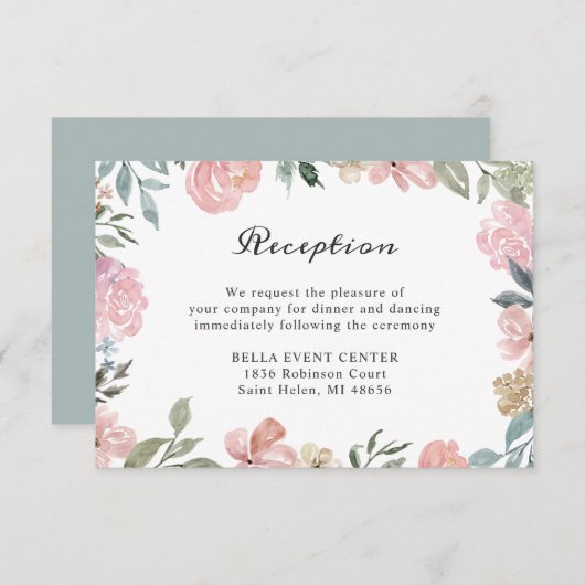 Rustieke Stof Roze Bloemige Trouwreceptie Details Informatiekaartje (Voorkant / Achterkant)