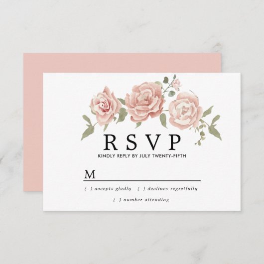 Rustieke Stof Roze Roos Bloemige Trouw RSVP Kaartje (Voorkant / Achterkant)