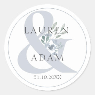 Rustieke Stofblauwe Ampersand & Bloem Bruiloft Ronde Sticker