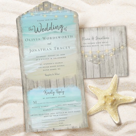 Rustieke strandbestemming Bruiloft Menu Opties All In One Uitnodiging