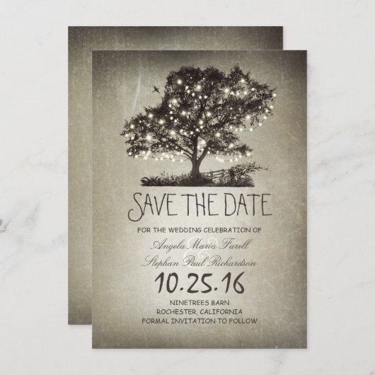 Rustieke string lampenboom slaan de datumkaarten o save the date (Voorkant / Achterkant)