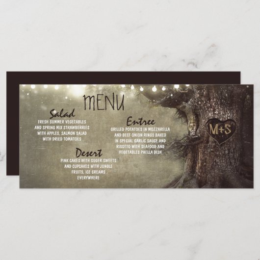 Rustieke string lichten boom bruiloft menu kaarten (Voorkant / Achterkant)