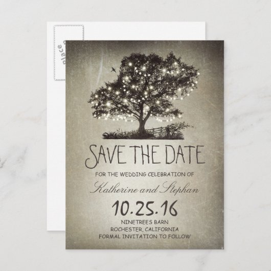 Rustieke string lichten boom  opslaan van de datum aankondigingskaart (Voorkant / Achterkant)