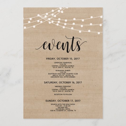 Rustieke string lichten bruiloft welkom en reisrou programma (Achterkant)