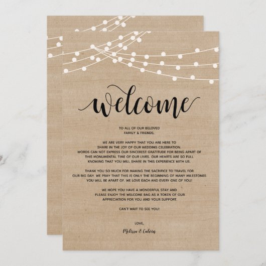 Rustieke string lichten bruiloft welkom en reisrou programma (Voorkant / Achterkant)