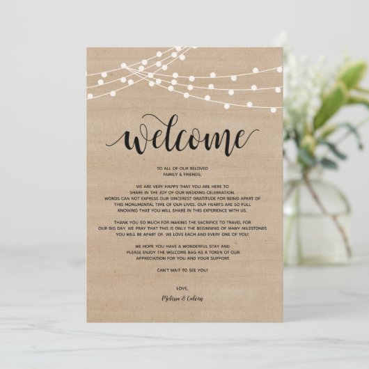 Rustieke string lichten bruiloft welkom en reisrou programma (Staand voorkant)