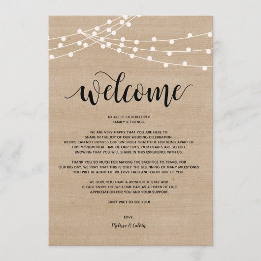 Rustieke string lichten bruiloft welkom en reisrou programma (Voorkant)