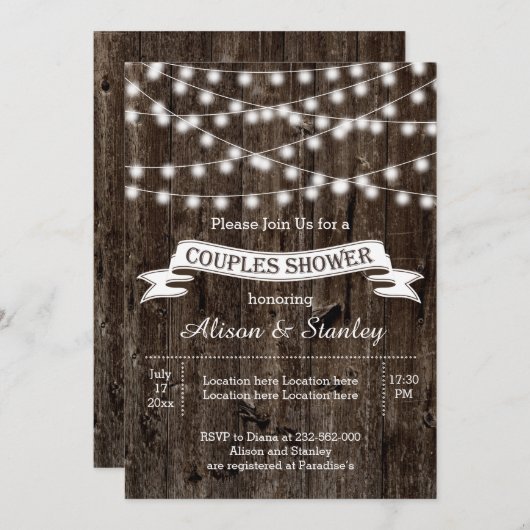 Rustieke string lichten hout bruiloft koppels douc kaart (Voorkant / Achterkant)