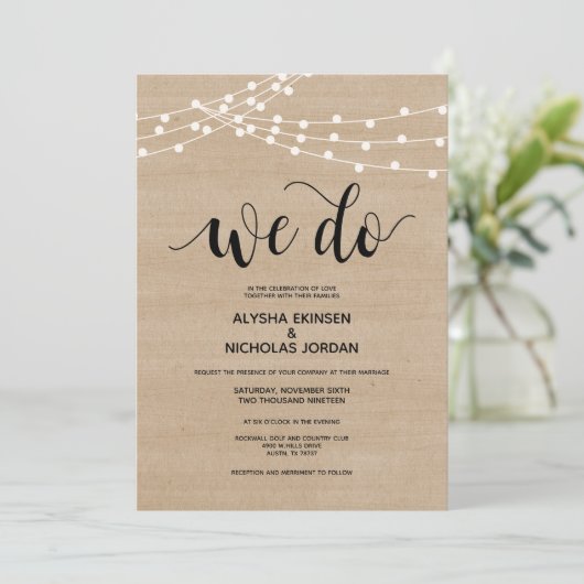 Rustieke string lichten We Do Wedding Invitation K Programma (Staand voorkant)