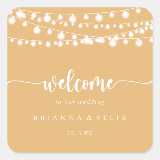 Rustieke String Lights Geel Bruiloft Welkom Vierkante Sticker (Voorkant)