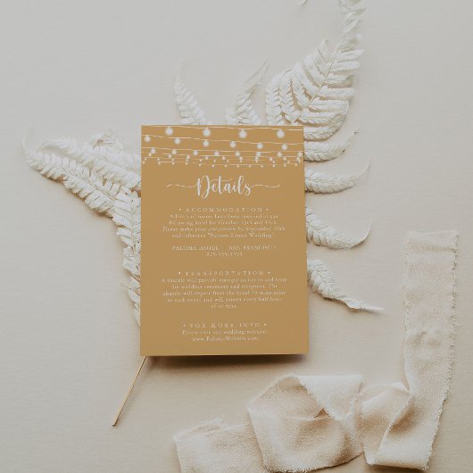 Rustieke String Lights Gele bruiloft Details Informatiekaartje