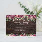 Rustieke String Lights Hout Bourgogne Bloemen RSVP Kaartje (Staand voorkant)