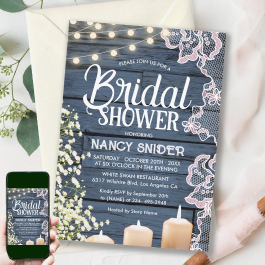 Rustieke String Lights & Lace Navy Blue Bridal Kaart