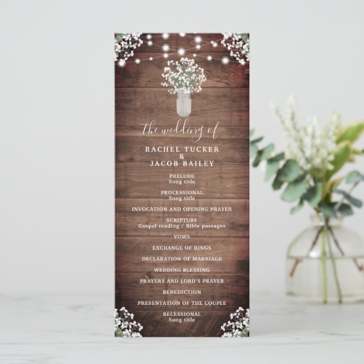Rustieke String Lights Mason Jar Bruiloft Programma (Staand voorkant)