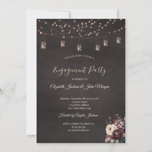 Rustieke String Lights Mason Jar Rozen Verloving Kaart (Voorkant)