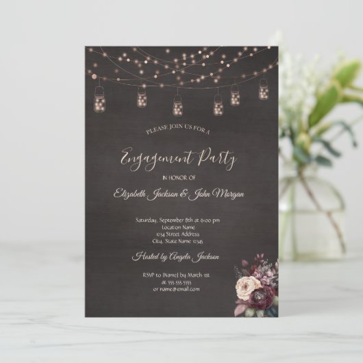 Rustieke String Lights Mason Jar Rozen Verloving Kaart (Staand voorkant)