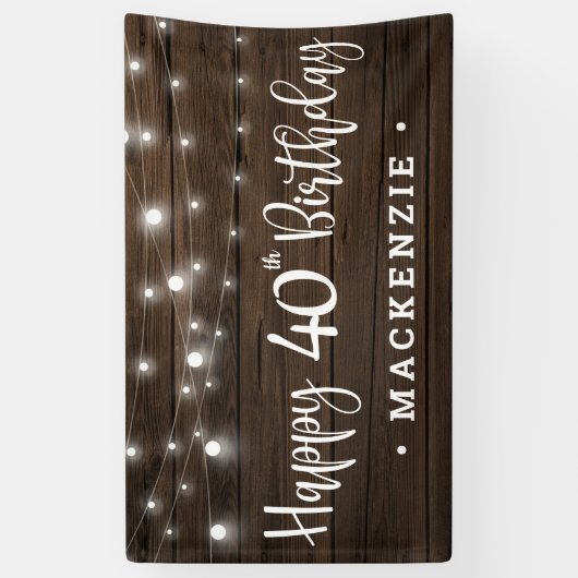 Rustieke String Lights op hout 40th Verjaardag Spandoek (Verticaal)