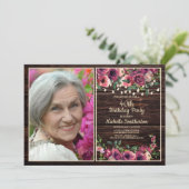 Rustieke String Lights Roze Bloemen Verjaardag Fot Kaart (Staand voorkant)