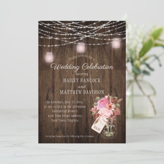 Rustieke String Lights Roze Mason Jars Bruiloft Kaart (Staand voorkant)