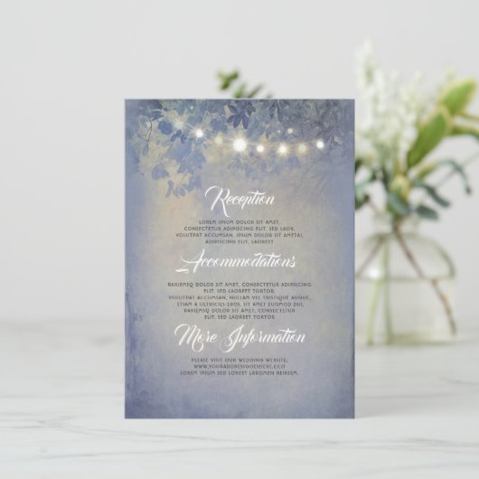 Rustieke String Lights Stoffig Blauw Bruiloft Deta Informatiekaartje (Staand voorkant)