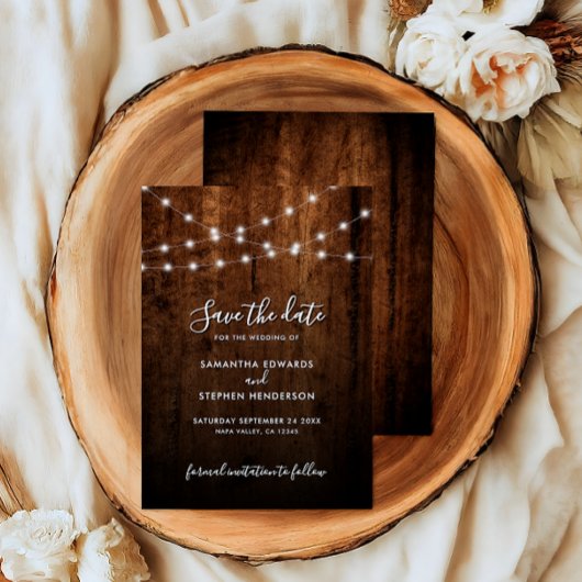 Rustieke String Lights & Wood Wedding Save The Date