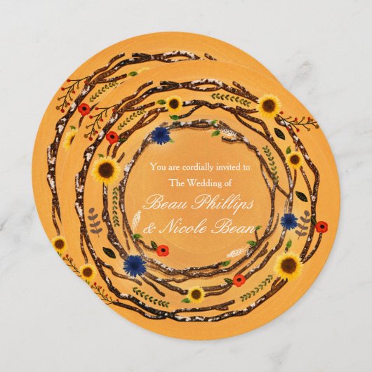 Rustieke takken & bloemengele bruiloft uitnodiging (Voorkant / Achterkant)