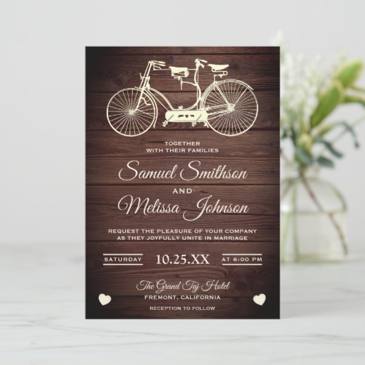rustieke tandem fiets bruiloft uitnodiging (Staand voorkant)