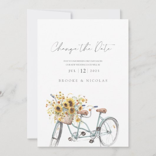 Rustieke Tandem Fiets Zonnebloem Waterverf Bruilof Save The Date (Voorkant)
