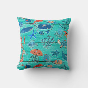 Rustieke Teal Hout & Onder de Zee Vrienden Whimsic Kussen