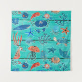 Rustieke Teal Hout & Onder de Zee Vrienden Whimsic Wandkleed (Voorkant)