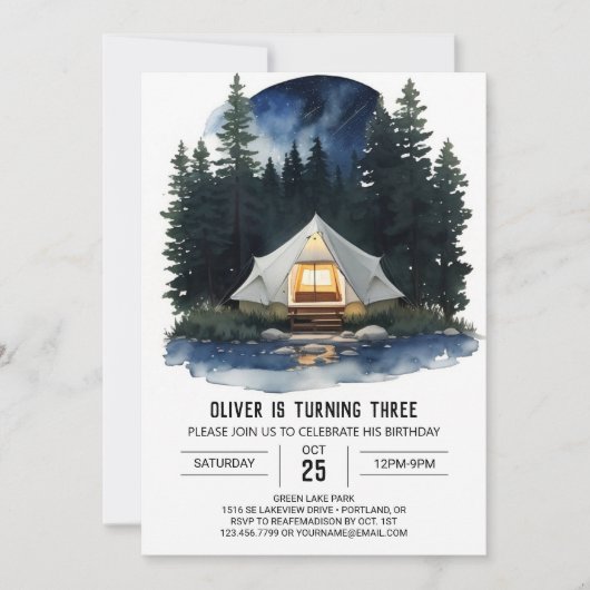 Rustieke Tent en Bomen Verjaardag Uitnodiging (Voorkant)
