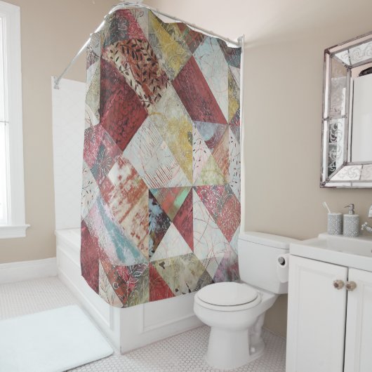 Rustieke Terracotta Abstracte Patchwork Botanische Douchegordijn (In situ)