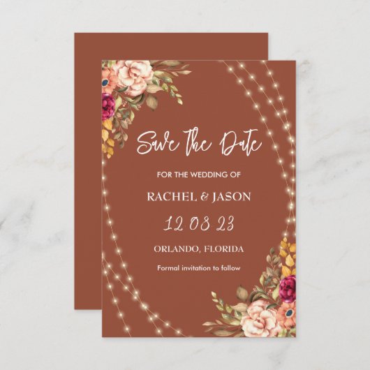 Rustieke Terracotta Bloemen Fairy String Lights Save The Date (Voorkant / Achterkant)