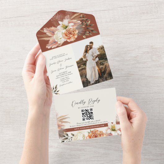 Rustieke Terracotta Bloemen Fall Wedding All In One Uitnodiging (Afscheurbaar)