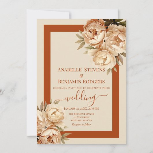 Rustieke Terracotta en Crème Bloemen QR code Bruil Kaart (Voorkant)